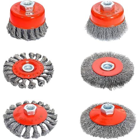 Ensemble de 6 brosses métalliques pour meuleuse d'angle et perceuse, avec embouts M14, diamètres de 115 mm et 125 mm, pour le polissage, le meulage, l'élimination de la rouille et l'ébavurage. (1/5)