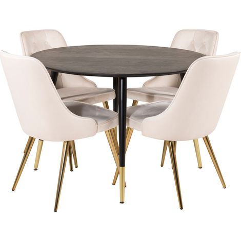 DippØ115BLBR Essgruppe Esstisch schwarz und 4 Velvet Deluxe Esszimmerstühle Velour beige, Messing dekor.