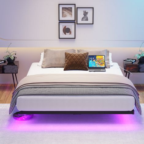 Cadre de lit flottant LED avec station de recharge 120x200 cm sommier à lattes métal noir