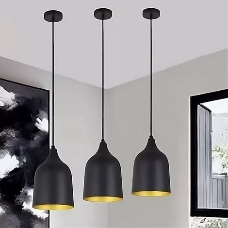 TrAdE Shop Traesio - Lampadario A Sospensione E27 Ferro Paralume Moderno Contemporaneo Campana Nero Oro 33290 - (1/4)