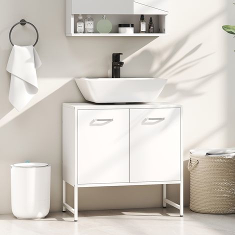 Meuble vasque blanc 2 portes avec fermeture silencieuse, étagère réglable, meuble sous lavabo pour salle de bain