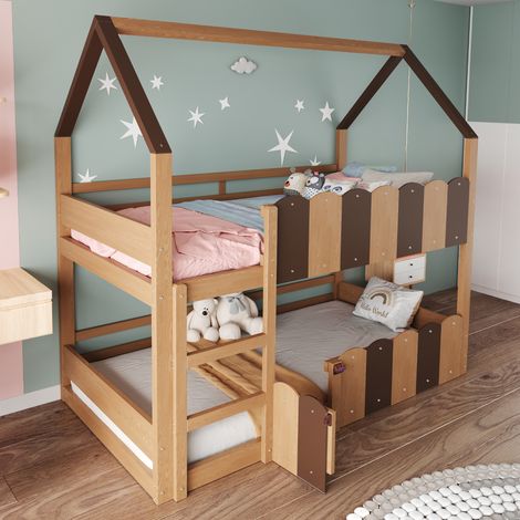 Litera infantil 90x200 cm de madera natural, ahorra espacio, sin colchón-FLORAGRACE (1/5)