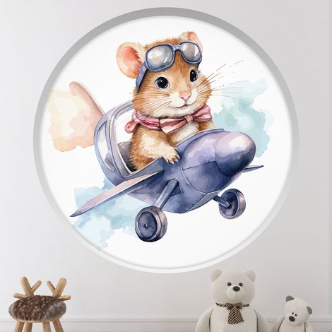 Stickers Trompe l'oeil Arche ronde Enfants - Souris aviateur - Diamètre 30 cm (1/4)