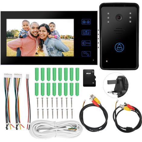 Sonnette vidéo couleur 7 pouces tactile, interphone de porte étanche avec vision nocturne, carte mémoire 8Go incluse, prise UK 100-240V (1/5)