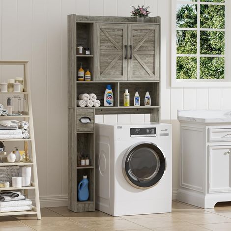 Meuble Machine à Laver, Porte à Deux battants, Étagères réglables, 7 niches Ouvertes et Un Compartiment pour Serviettes en Papier, pour Les Toilettes et la buanderie, Gris (1/5)