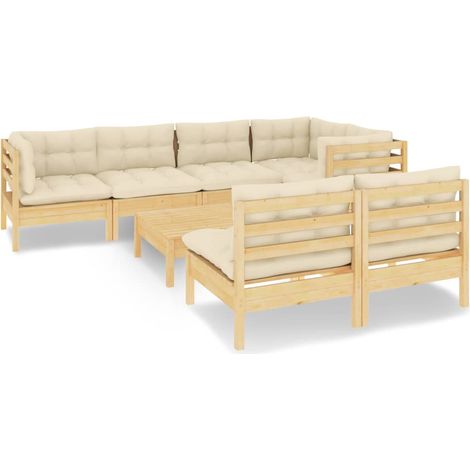Conjunto de muebles de jardín muebles de exterior 8 piezas con cojines color crema madera maciza de pino 020017569