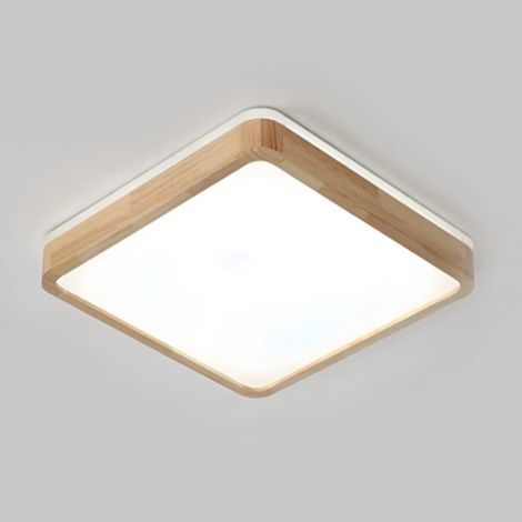 Plafonnier LED bois naturel carré 30 cm, 18W 1600lm blanc froid 6000K, éclairage 360° pour salon cuisine salle à manger bureau chambre