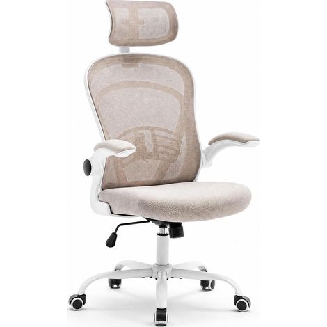 Confort ergonomique idéal – Chaise de bureau dossier haut en maille, soutien lombaire, accoudoirs relevables, appui-tête réglable, assise large – pour bureau, chambre ou étude – Cadre blanc (1/5)