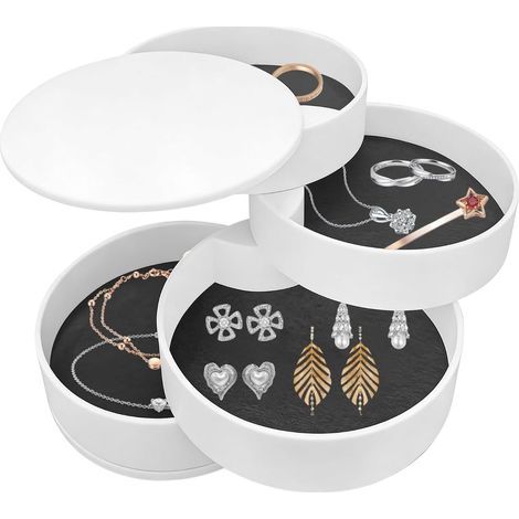 Boîte à bijoux rotative ronde, petite boîte à bijoux pour femme à 4 niveaux, 10 x 10 cm, pour bagues, boucles d'oreilles, colliers (blanche) (1/5)