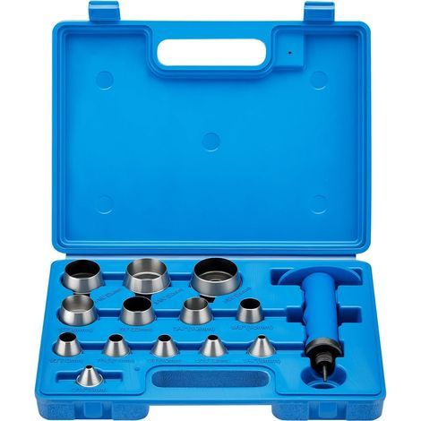 Jeu de poinçons – 13 poinçons creux, 1 manche et étui – en acier – têtes interchangeables – matrices de poinçonnage pour cuir, métal, plastique, etc. (1/5)