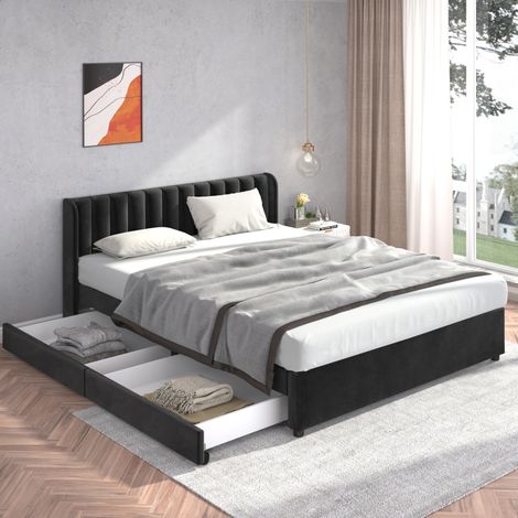 Polsterbett 180/200 cm schwarz aus Samt mit Lattenrost und 2 Schubladen (1/5)