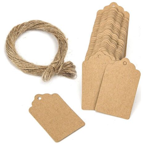 100 étiquettes cadeaux en papier kraft brun en forme d'éventail, 5 x 3 cm, motif brun vierge [comprend 10 mètres de corde en chanvre] (1/5)