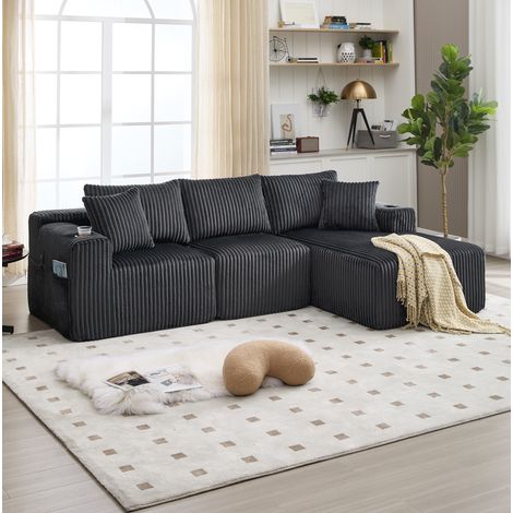 MODFU – Sofá modular 257x90-160 cm de pana con 5 cojines, portavasos, bolsillos, espuma de alta densidad y carga 600 kg – Gris (1/5)