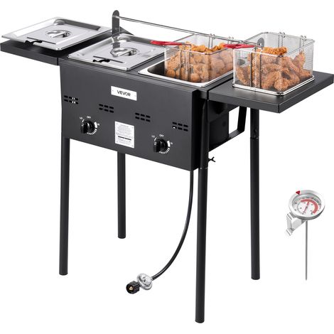 VEVOR Friteuse au Gaz Propane a Double Cuve 9Lx2, Appareil de Cuisson au Propane en Acier Inoxydable, Autoportant avec Plateforme Pliable et Reglage de la Chaleur, pour Exterieur Restaurant Snack-bar
