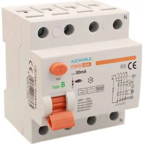 RCCB Interruttore Differenziale Puro Tipo B 3P+N 4M 10000A 30mA 63A AC 400V IP20 IEC61008-1 / IEC62423 PR8HM