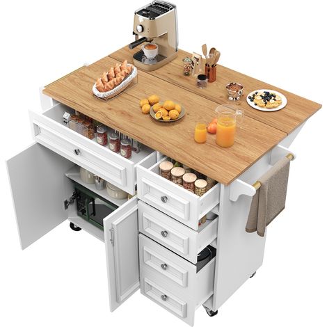 CAIziÎlot de cuisine 110 cm avec rangements, chariot multifonction blanc (1/5)