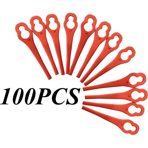 100PCS Lames de tondeuse en plastique, en forme de gourde, lames de rechange L85, accessoires pour tondeuse de jardin, compatibles avec la série Florabest FRTA.