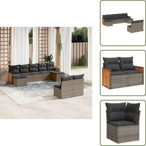 The Living Store 9-tlg. Garten-Sofagarnitur mit Kissen Grau Poly Rattan - Gartensessel (1/5)