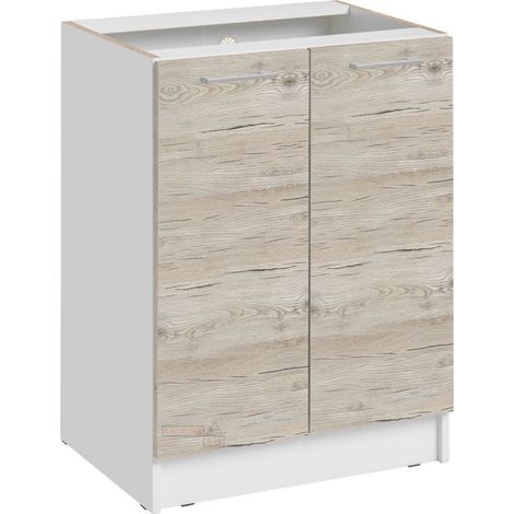 Cuisineandcie – Meuble bas de cuisine 2 portes – Noyer blanchi – L 60 x H 82 x P 46 cm – Charnières réglables avec amortisseurs – Rangement esthétique et fonctionnel