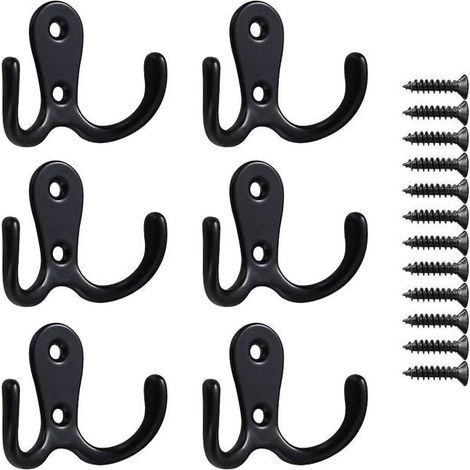 Set mit 6 verchromten Doppelhaken inklusive Schrauben zum Aufhängen von Kleidung, Bademänteln und Handtüchern.