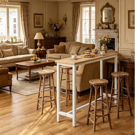 Mesa alta de bar 140x100x40 cm blanco y roble claro en MDF y metal con pies ajustables (1/5)