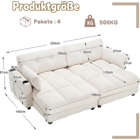 Canapé 2 places en velours côtelé beige, divisible en 2 fauteuils individuels, avec 2 coussins, 4 porte-gobelets, 4 poches latérales, ports de chargement USB sur les accoudoirs, pour salon, chambre et (1/4)