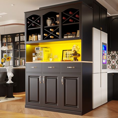 Alacena de cocina (120x40x180 cm), con gran espacio de almacenamiento, luces LED, MDF, negro (1/5)
