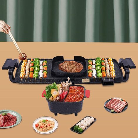 Elektrischer Barbecue Hot Pot & Grill 2 in 1, Abnehmbarer Heißtopf mit Trennwand, Doppelte Kontrolle Shabu Shabu Topf, Antihaft Grilltopf Multifunktionale Grillplatte für Freunde Party
