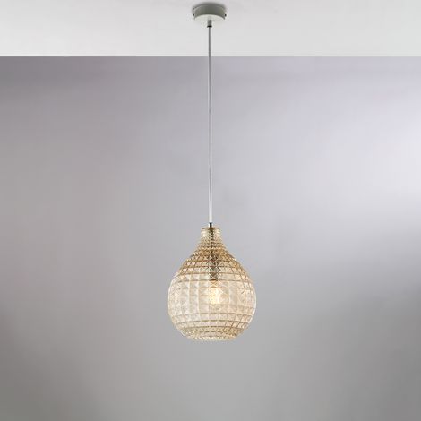 Sospensione in ferro laccato bianco e montatura cromo con cavo elettrico regolabile e diffusore in vetro soffiato ambra con decoro effetto cristallo 1 luce H.32 - MAX 132 - Ø21