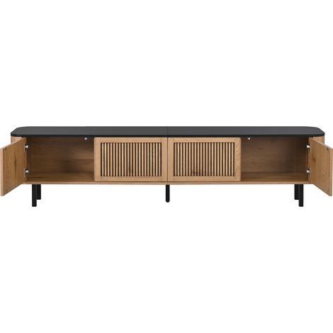 Meuble TV moderne en chêne clair avec portes à motifs ajourés 190x35x45 cm (1/5)