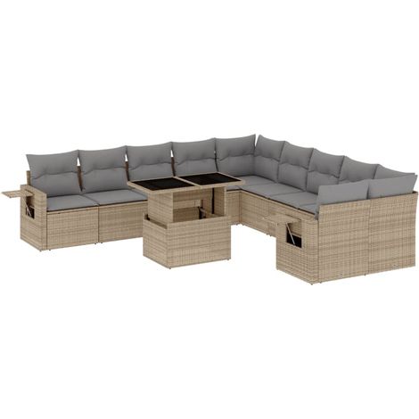 vidaXL Tavolo da giardino - Set Divani da Giardino 11 pz con Cuscini Beige in Polyrattan (1/5)