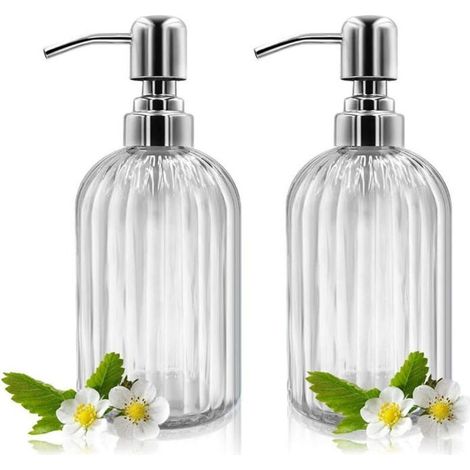 Distributeur de savon en verre - Lot de 2 distributeurs de savon en verre de 14 oz avec pompe en acier inoxydable antirouille, (1/4)