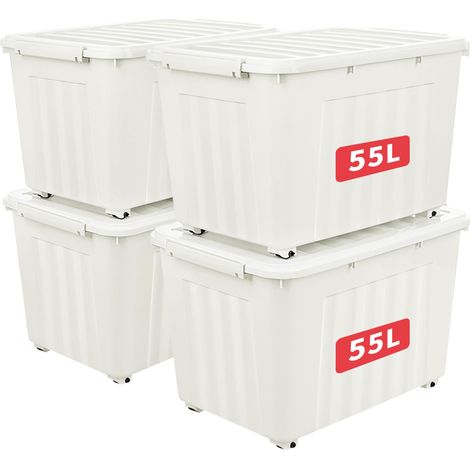 55L4 Boîtes de Rangement avec Couvercles, Boîte de Rangement en Plastique avec Clips et Roulettes, Empilables, Encastrables, pour Placard de Bureau à Domicile, Blanc, 55L, Lot de 4 (1/5)