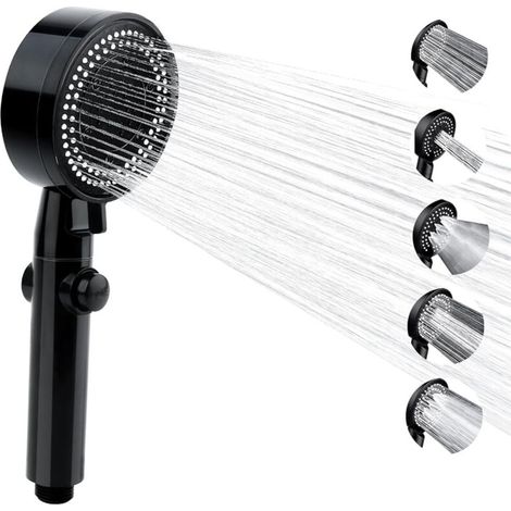 Pommeau de Douche à Haute Pression économie d'eau, Douchette Douche Salle de Bain Réglable à 6 Modes, Pommeau de Douche Anti Calcaire avec arret, Facile à Installer (Noir-A) (1/4)