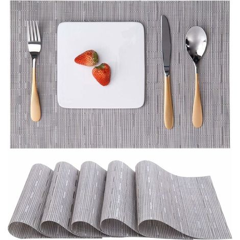 6er Set Tischsets, waschbare gewebte Platzsets für Küche oder Esstisch, hitzebeständig, rutschfest aus Vinyl (30 x 45 cm), Hellgrau – Grau