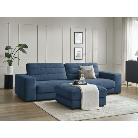 BOBOCHIC - Canapé droit fixe 3 places SIERRA velours avec pouf Bleu foncé (1/5)