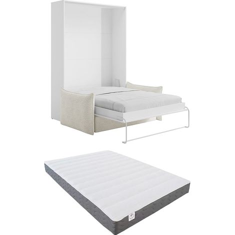 Letto a scomparsa 160 x 200 cm - Apertura verticale manuale - Bianco + Divano + Materasso - BEGANIO