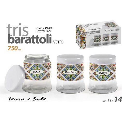 Set barattoli sale zucchero caffè tris 3 contenitore metallo terra e sole 750 ml