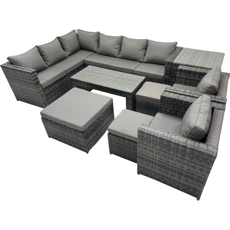 Fimous 9 Pieces Outdoor PE Rattan Garden Furniture Corner Sofa Oblong Coffee Table Set with Cushions 3 Footstools Side Table Dark Grey Mixed (1/5)