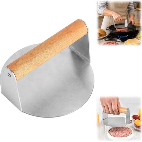 Presse-burgers 16 x 7,5 cm - presse à viande ronde en inox avec poignée en bois, argent (1/4)