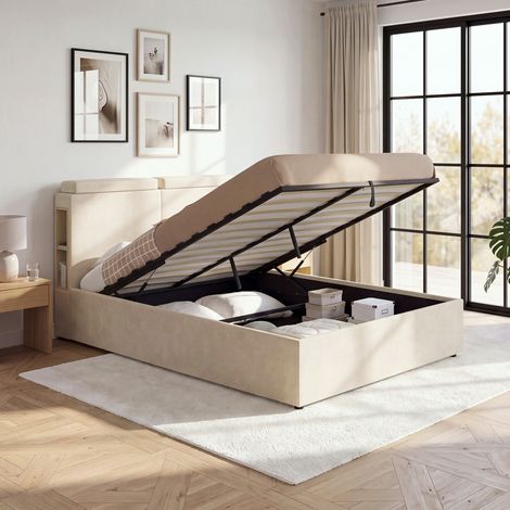 Cama doble con cajones BASTIAN, con espacio de almacenamiento, cabecero con reposacabezas ajustables y somier de 140 x 190 cm en (1/5)