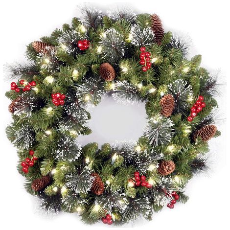 Guirnalda de Navidad artificial preiluminada National Tree Company, verde, abeto Crestwood, luces blancas, decorada con piñas, racimos de bayas, ramas escarchadas, colección navideña, 24 pulgadas (1/4)