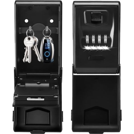 Boite à clé Coffre-fort avec code chiffré, grand, 4 chiffres, éclairage par code, étanche, antirouille, extérieur, pour la maison, le bureau, l'école, le garage, etc. (noir) (1/5)