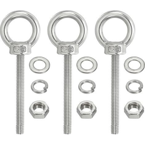 M6 x 60mm Eye Anchor Bolt, 3 Pieces in 304 Stainless Steel with Nuts and Washers for Hanging Hammocks and Other Items (1/4)