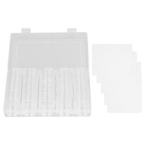 100 capsules de protection pour pièces de monnaie de 17 à 30 mm de diamètre, disponibles en 5 tailles, avec une boîte transparente contenant un joint en mousse. (1/5)