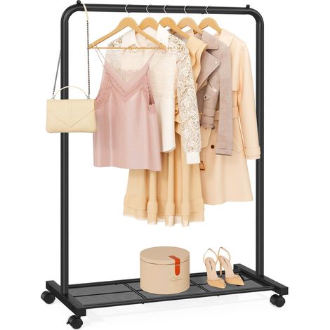 Portant à Vêtements à Roulettes, Porte-manteaux, Barre Supporte Jusqu’à 40 kg, avec Tringle, Étagère de Rangement en Maille, Style Industriel, pour Chambre, Buanderie, Noir HSR25BK (1/5)