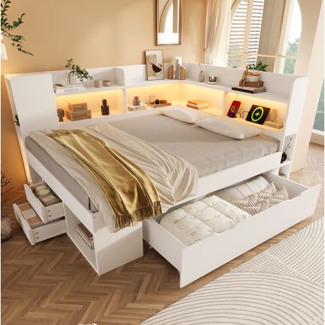 DESVIAE Lit banquette 140 x 200 cm blanc avec LED USB et Type C rangement étagères tiroirs sommier et matelas inclus (1/5)