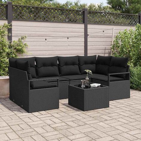 Garten-Sofa-Set 7 pcs Schwarz Poly-Rattan und Stahl und Glas