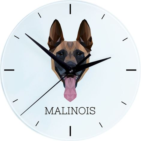 Reloj de pared geométrico con foto e inscripción de Art-Dog, modelo Malinois Belgian Shepherd. (1/4)
