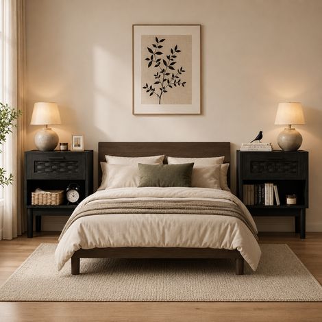 Table de chevet 40×30×55cm, lot de 2, finition aspect rotin, meuble de rangement, tiroirs, placard de rangement, étagères ouvertes, pieds en bois, style moderne, pour chambres et salons, Bois, Noir (1/5)